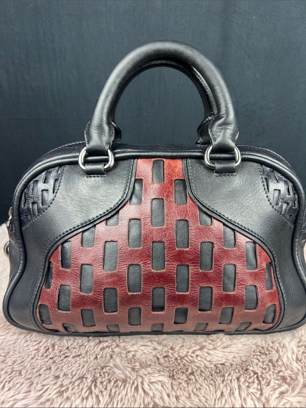 Miu Miu Black Bordeaux Perforated Leather Bauletto Bag RN0561 with COA